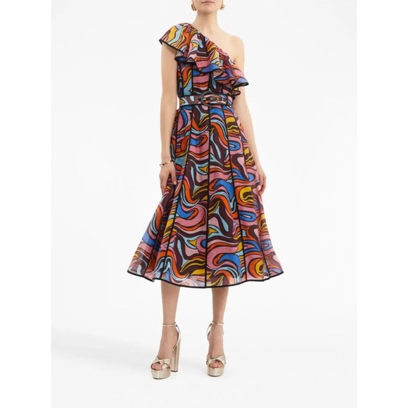 Rebecca Vallance Chiquita Swirl Linen Blend One Shoulder Ruffle Midi Dress 6